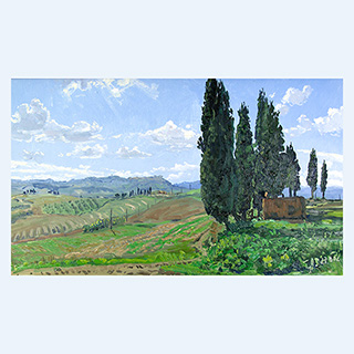 Zypressen mit Blick auf Montepulciano | Toskana | 27.09.2002 | 30 x 50 cm | Öl/Malkarton