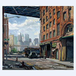 Lagerhalle unter d. Manhattan Bridge | New York | 30.05.1996 | 45 x 40 cm | Öl/Malkarton