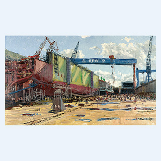HDW-Werft, Vor-Ort-Gemälde | HDW-Werft, Kiel | 15.04.1999 | 30 x 50 cm | Öl/Malkarton